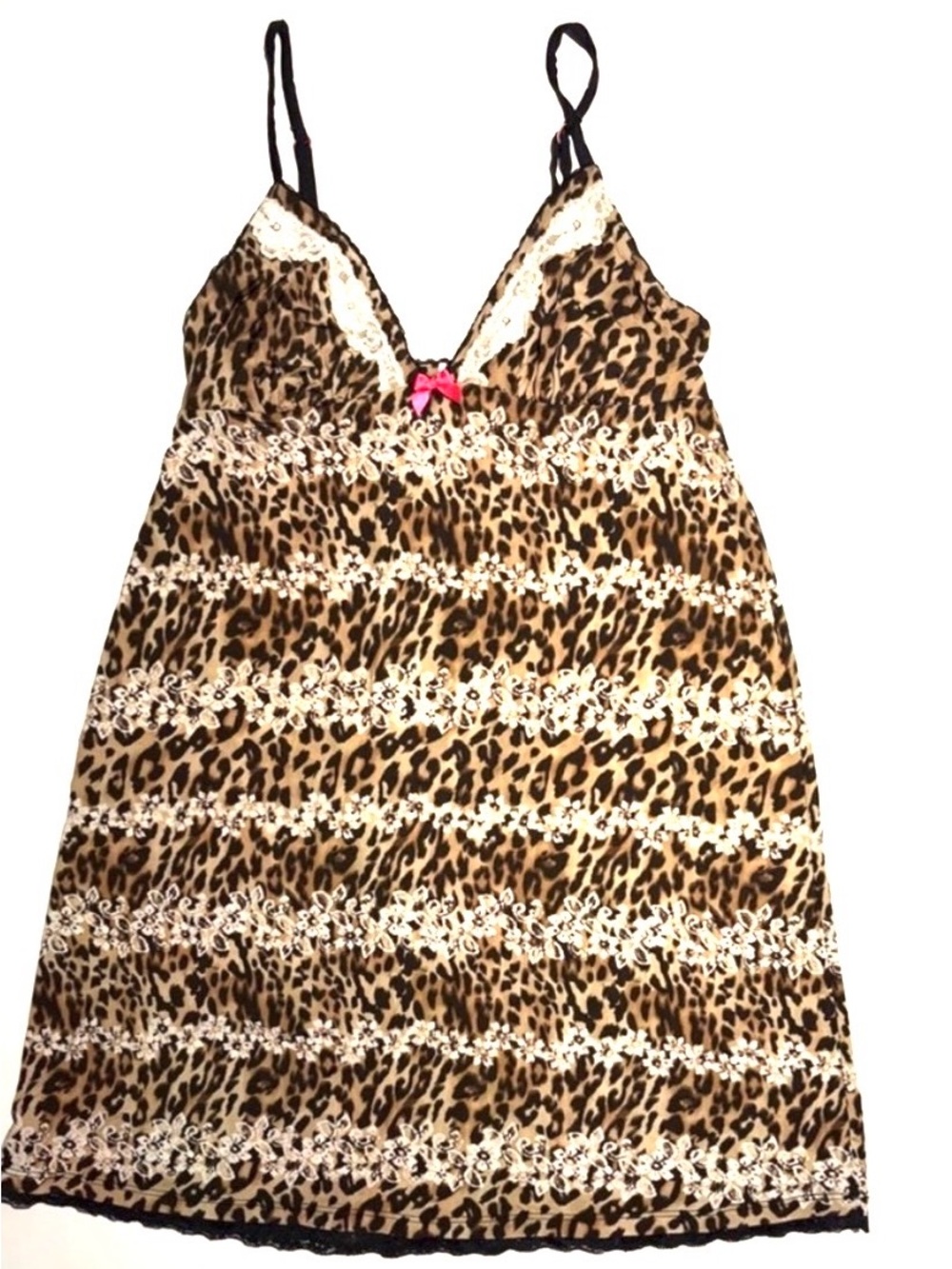 Vintage Y2K Leopard Print & White Lace Chemise with Pink Bow Detail. Size M